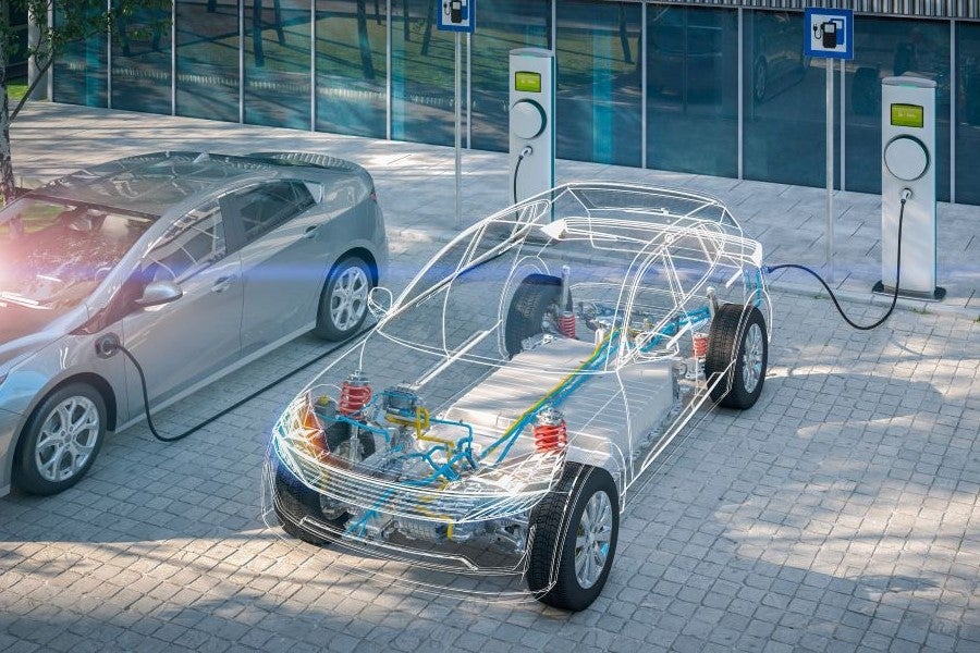 Wireframe of an EV showing it's internal technology